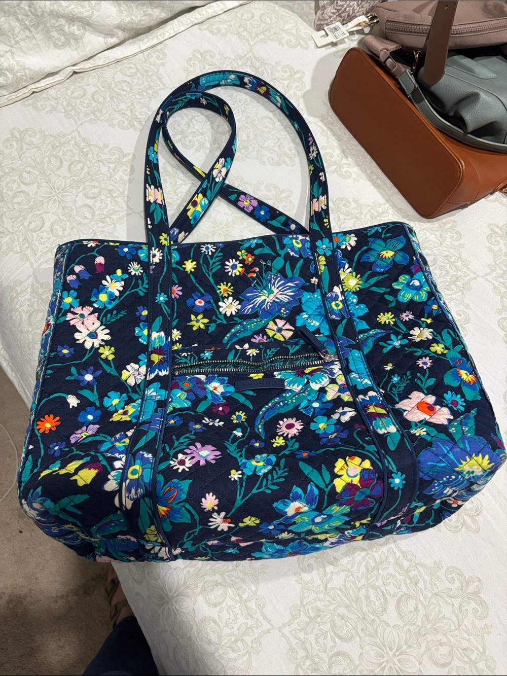 Vera Bradley Quilted Navy Tote Bag - Vibrant Blue Garden Print